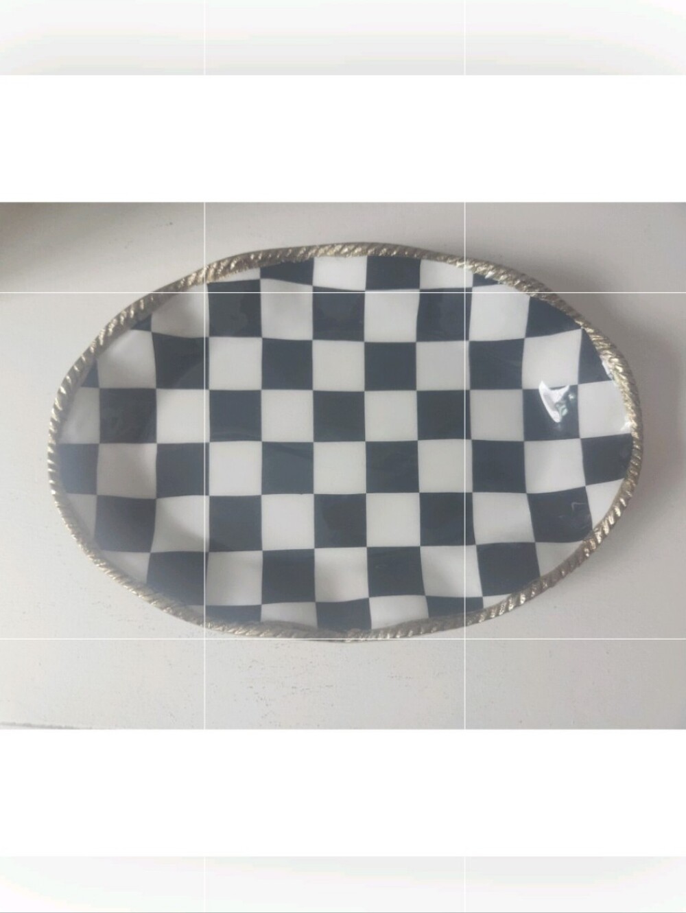 Checkered Metal Serving Tray Platter with Gold Scalloped Rim 11 X 8 In